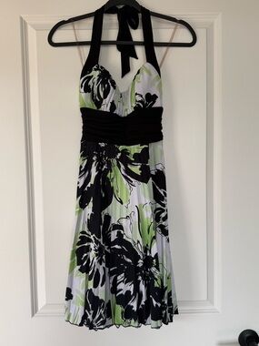 Halter Floral Fit-and-Flare Dress in Black and Green